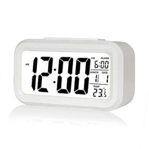 Kadio Digital Alarm Clock,Battery Operated Small Desk Clocks,with Date,Indoor Temperature,Smart Night Light,LCD Electronic Clock for Bedroom Home Office - White (KDwhite)