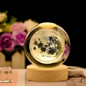 Desidiya Moon Crystal Ball Night Light,2.4 Inch Glass Ball Night LED Lamp with Woodern Base,Decorations Gifts for Men,Women,Kids,Boys,Girls,Teens