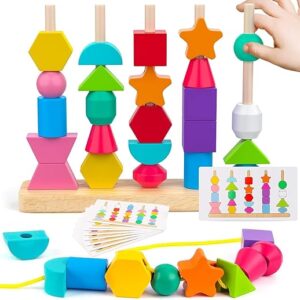 SHINETOY Wooden Beads Sequencing Toy Set | Montessori Lacing & Stacking Toy for Kids 2-5 | Color & Shape Matching Educational Fine Motor Skills Learning Toy | 40 Pcs