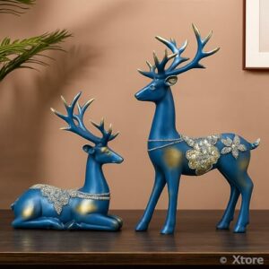 Xtore Creative Resin Golden Reindeer Sculptures | Beautiful Home Decor | Lifts up Energy of Your Room – (Pack of 2, Blue) - Product Image