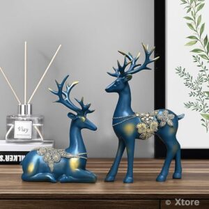 Xtore Creative Resin Golden Reindeer Sculptures | Beautiful Home Decor | Lifts up Energy of Your Room – (Pack of 2, Blue) - Product Image