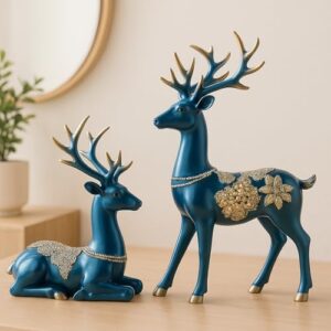 Xtore Creative Resin Golden Reindeer Sculptures | Beautiful Home Decor | Lifts up Energy of Your Room – (Pack of 2, Blue) - Product Image