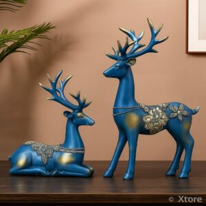 Xtore Creative Resin Golden Reindeer Sculptures | Beautiful Home Decor | Lifts up Energy of Your Room – (Pack of 2, Blue) - Product Image