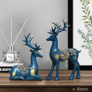 Xtore Creative Resin Golden Reindeer Sculptures | Beautiful Home Decor | Lifts up Energy of Your Room – (Pack of 2, Blue) - Product Image