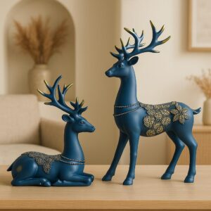 Xtore Creative Resin Golden Reindeer Sculptures | Beautiful Home Decor | Lifts up Energy of Your Room – (Pack of 2, Blue) - Product Image