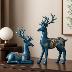 Xtore Creative Resin Golden Reindeer Sculptures | Beautiful Home Decor | Lifts up Energy of Your Room – (Pack of 2, Blue) - Product Image