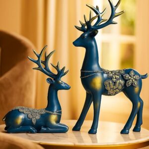 Xtore Creative Resin Golden Reindeer Sculptures | Beautiful Home Decor | Lifts up Energy of Your Room – (Pack of 2, Blue) - Product Image
